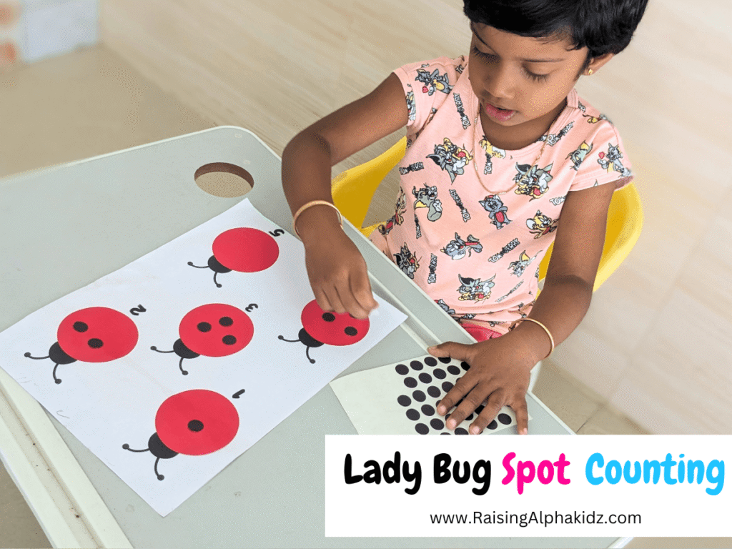 Ladybug counting activity sheet with numbers and dot stickers for preschool