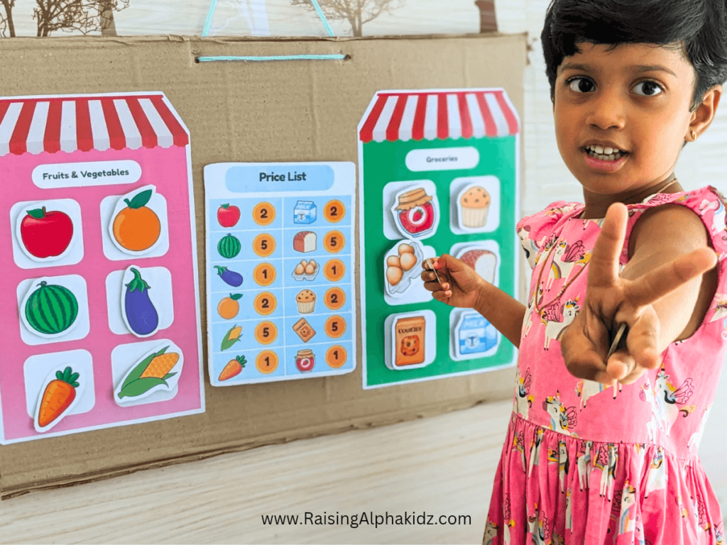 Kid in shopkeeper role at dramatic play grocery store