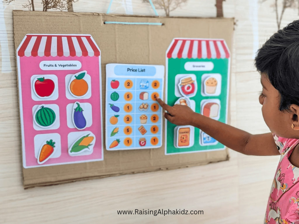 Child checking price tag list for groceries in customer role