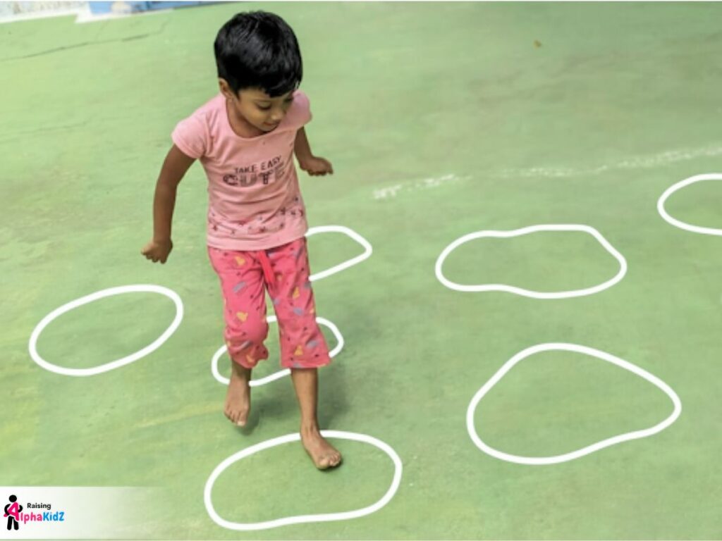 child playing no-equipment jumping game - the floor is lava