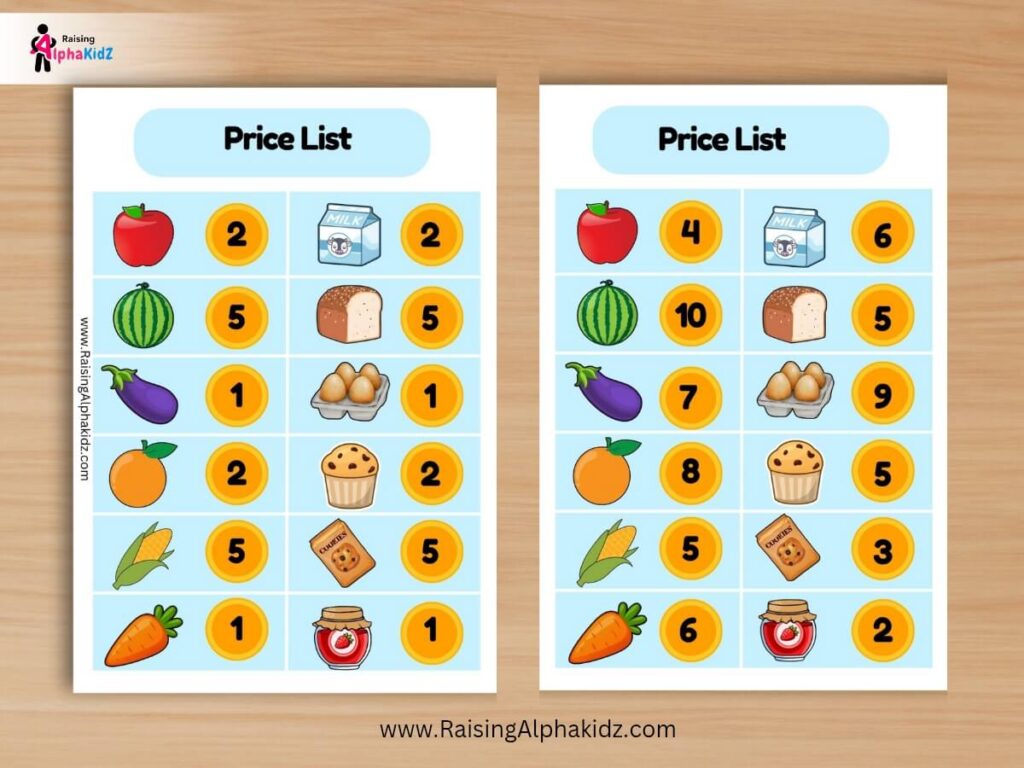 2 in 1 Price tag list for preschool and kindergarten