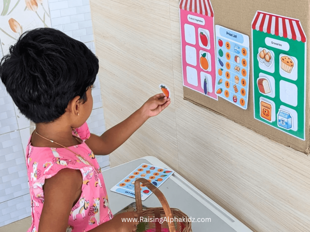 Kid in customer role at pretend play grocery store