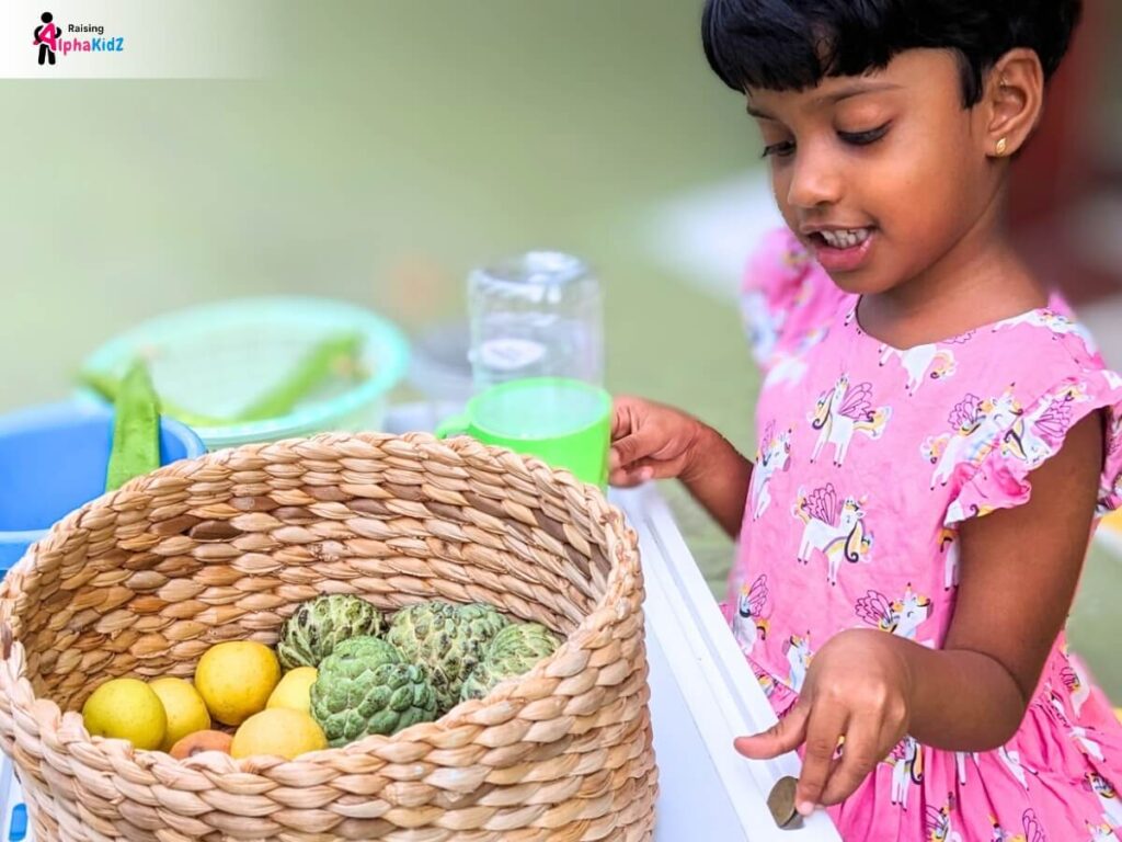 Kid playing using real groceries for pretend play grocery store