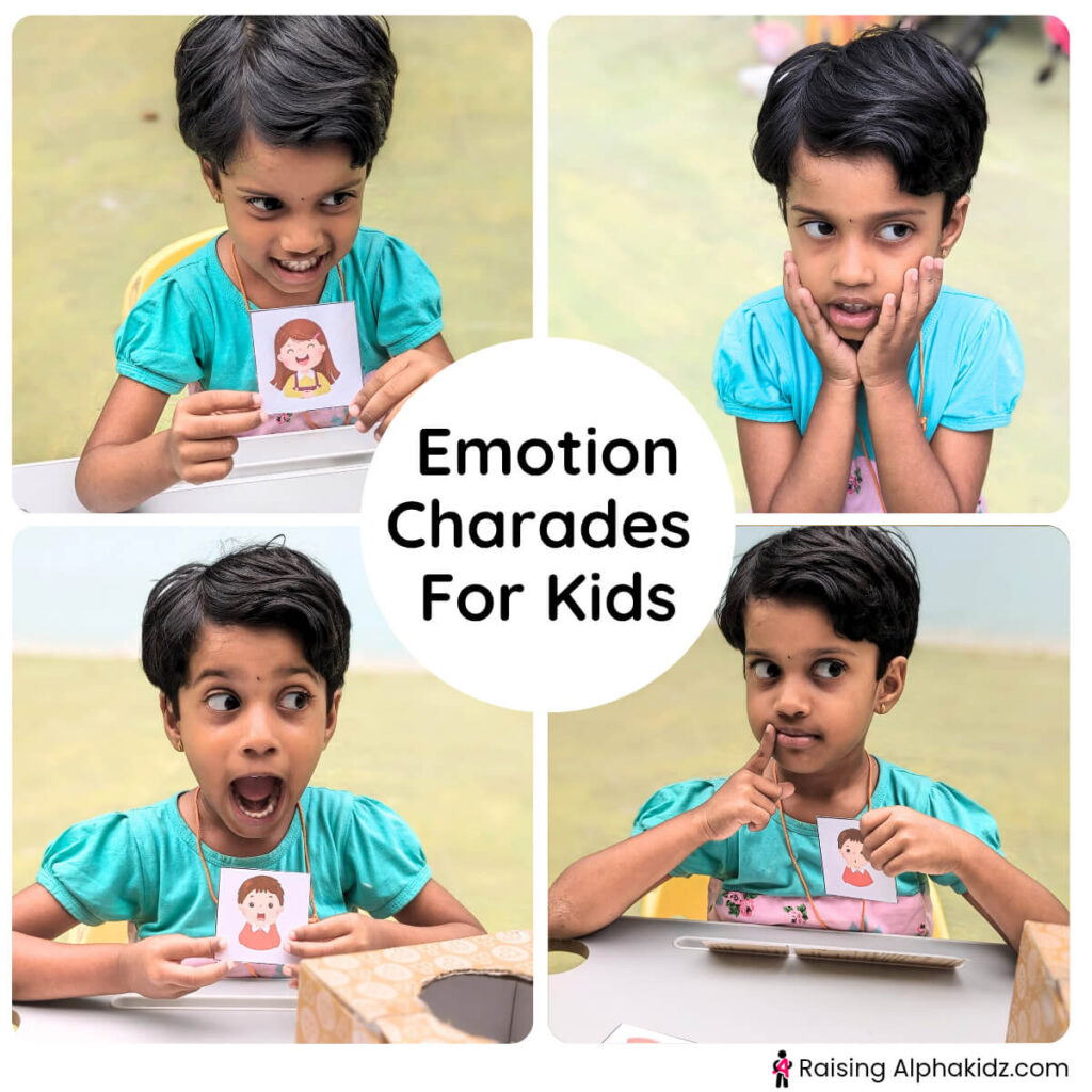 child pulling out various faces during emotion charades game 