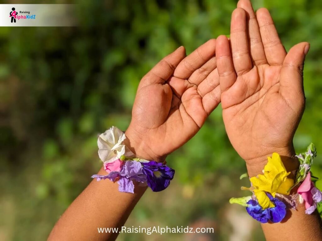 Colorful flower bracelet for kids made from tape and outdoor finds