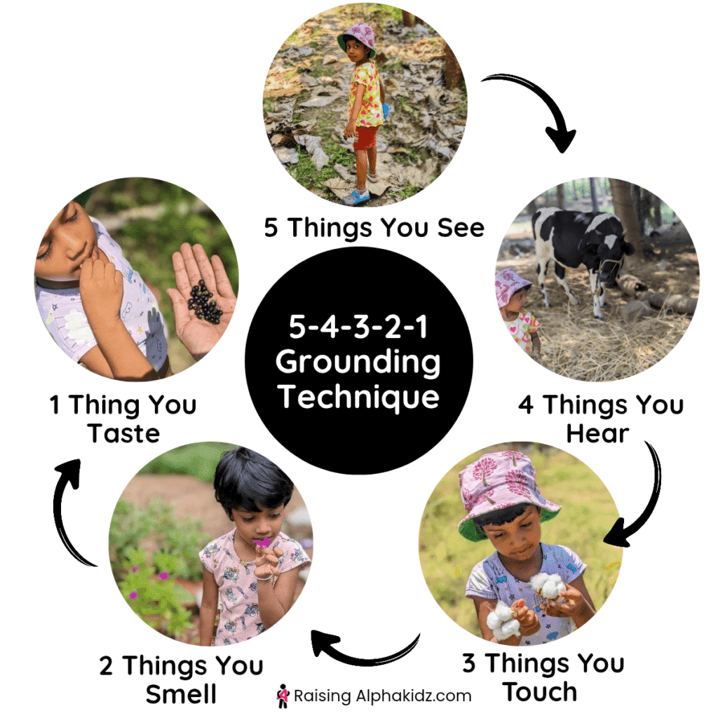 child practicing 5-4-3-2-1 grounding technique during nature walk