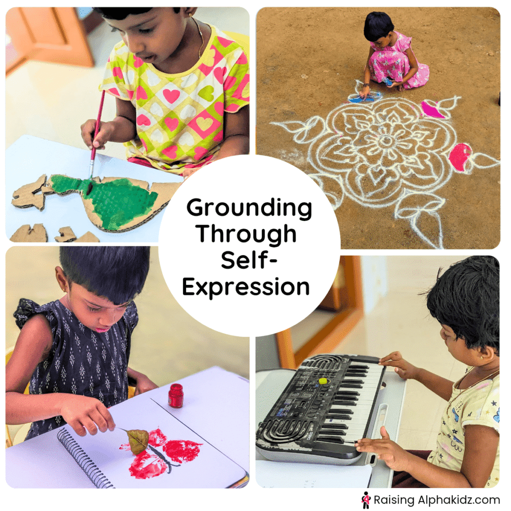 child expressing creativity through painting, crafts, rangoli, and keyboard playing
