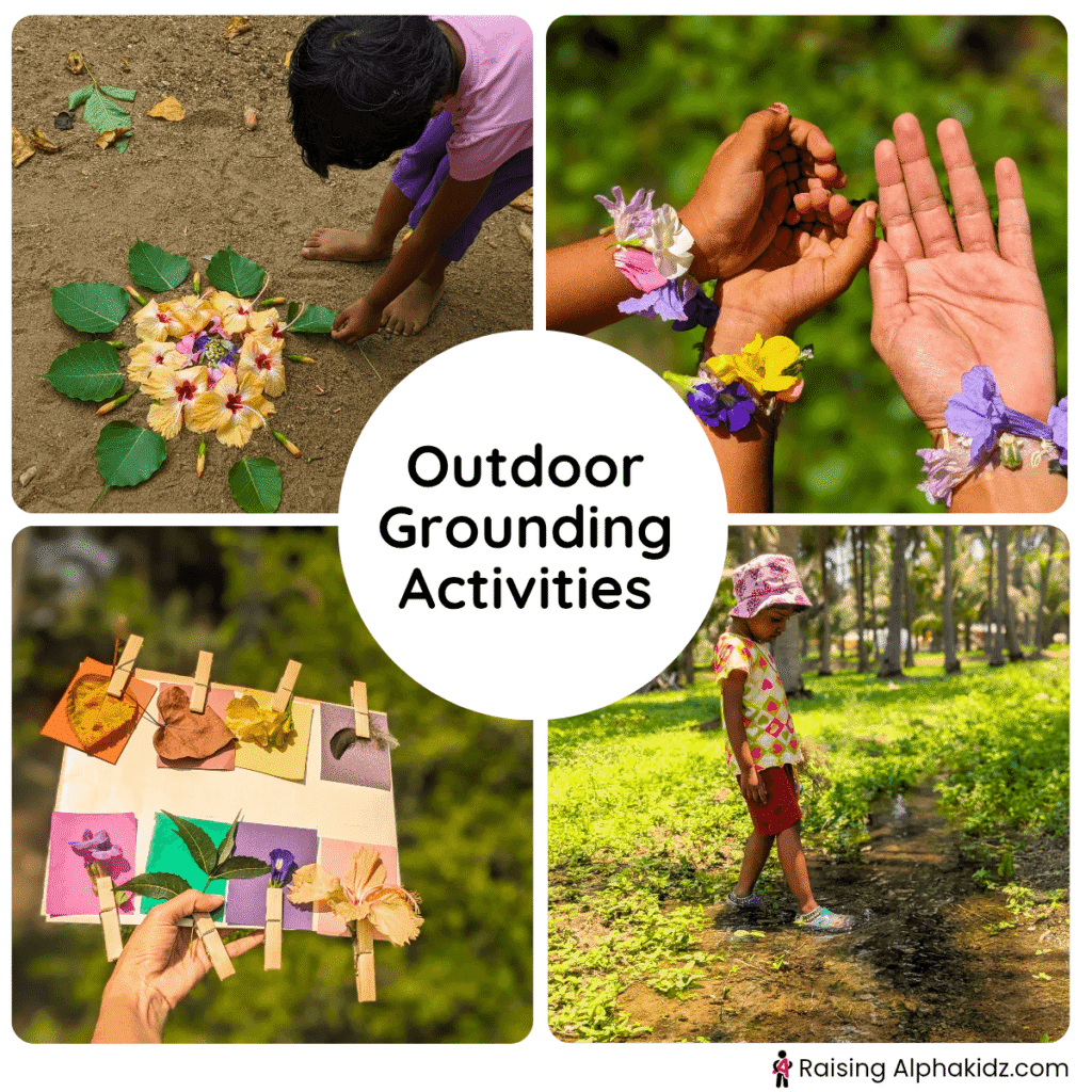 girl doing nature mandala, flower bracelet, color hunt, and puddle walking during outdoor grounding activities 
