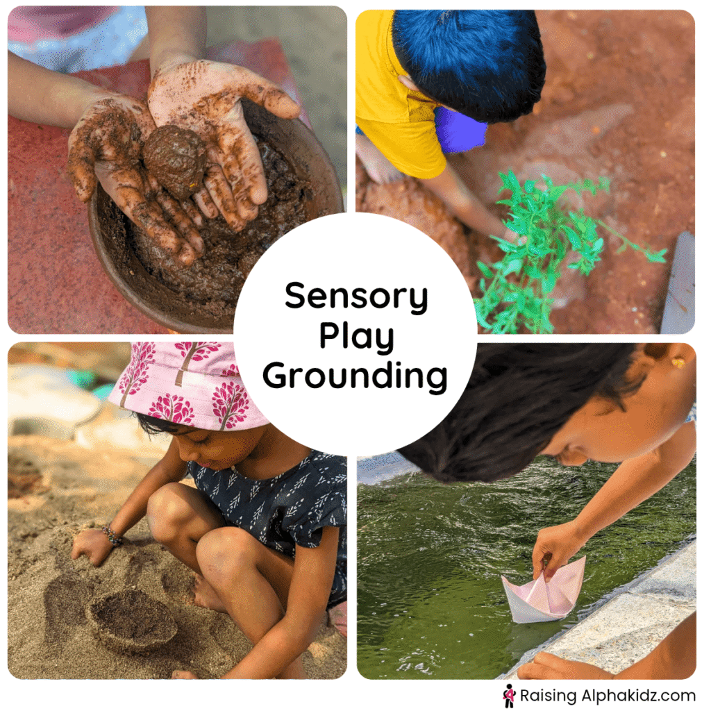 kid playing with mud, sand, water, and soil during sensory grounding activity