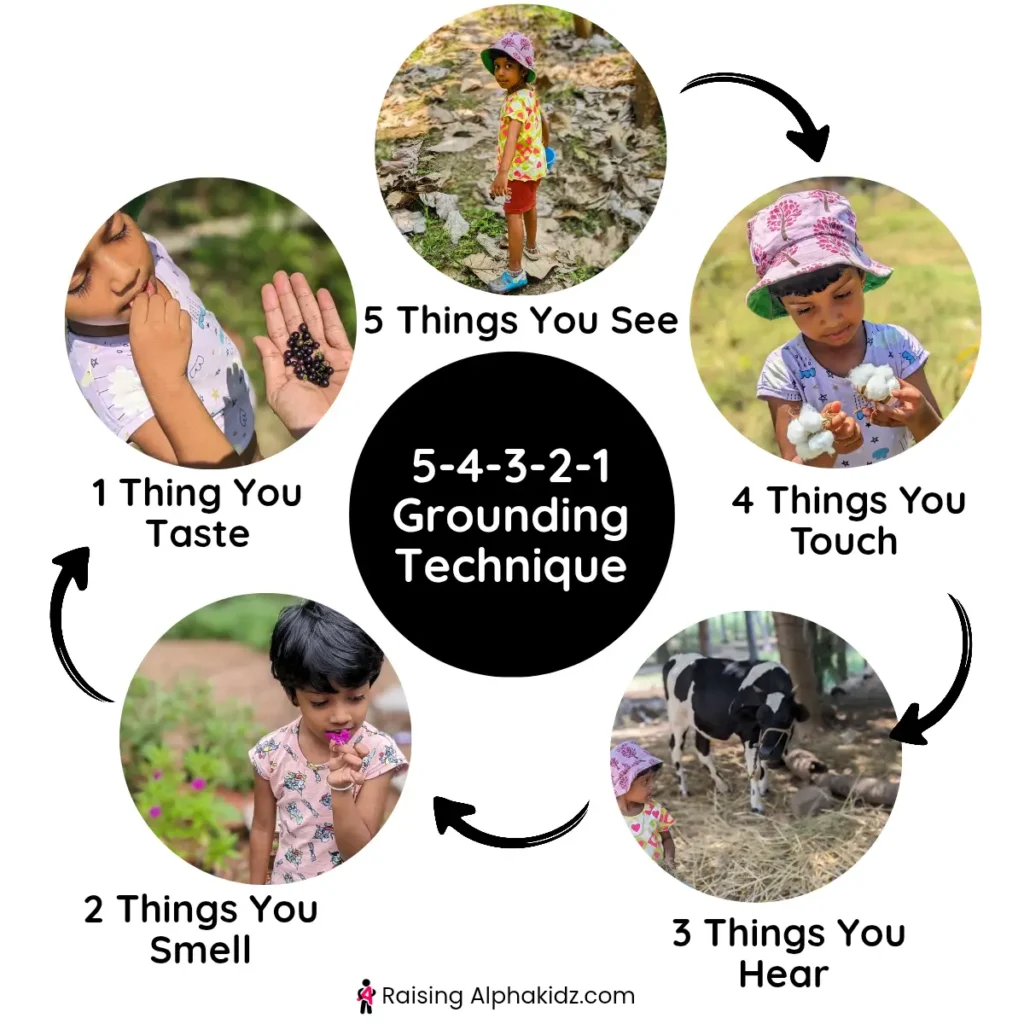 child performing 5-4-3-2-1 grounding technique as a part of nature play