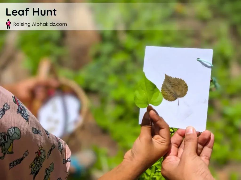 Child finding heart-shaped leaves during a nature grounding activity for kids