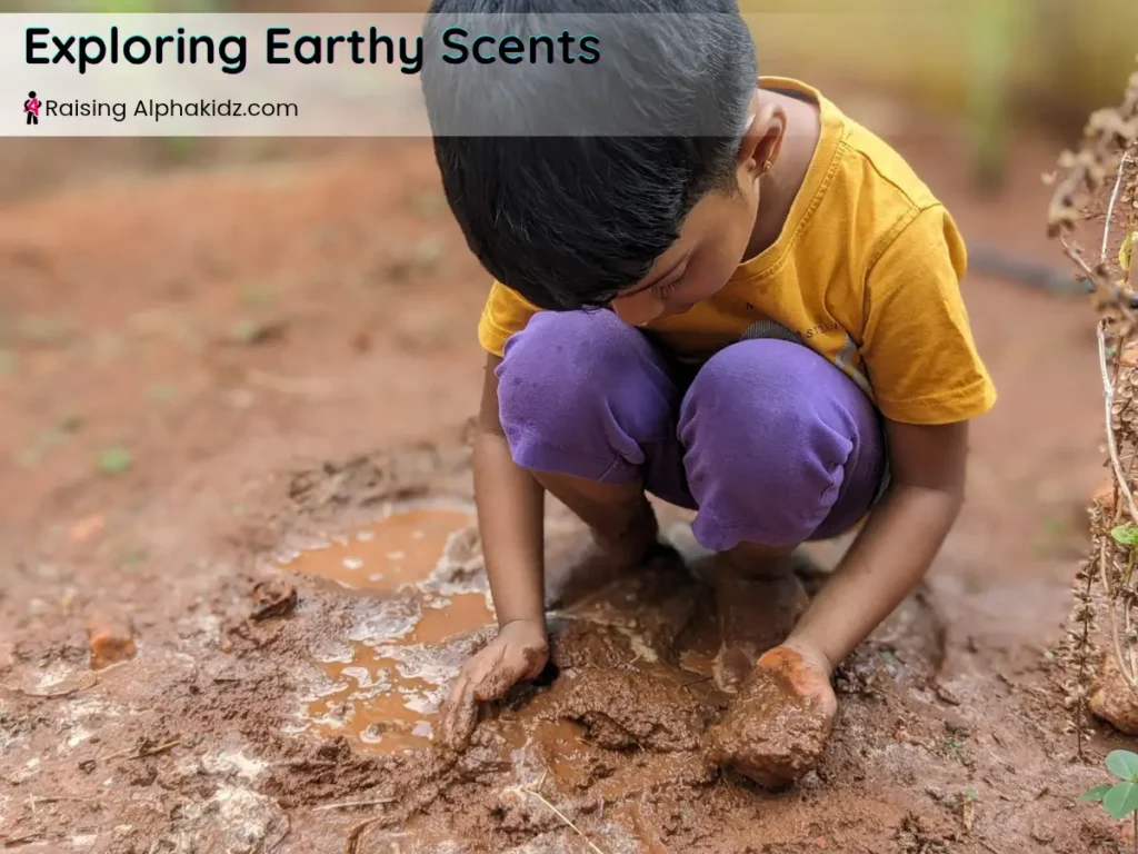 child playing in mud and exploring earthy scents as a 5-4-3-2-1 grounding activity 