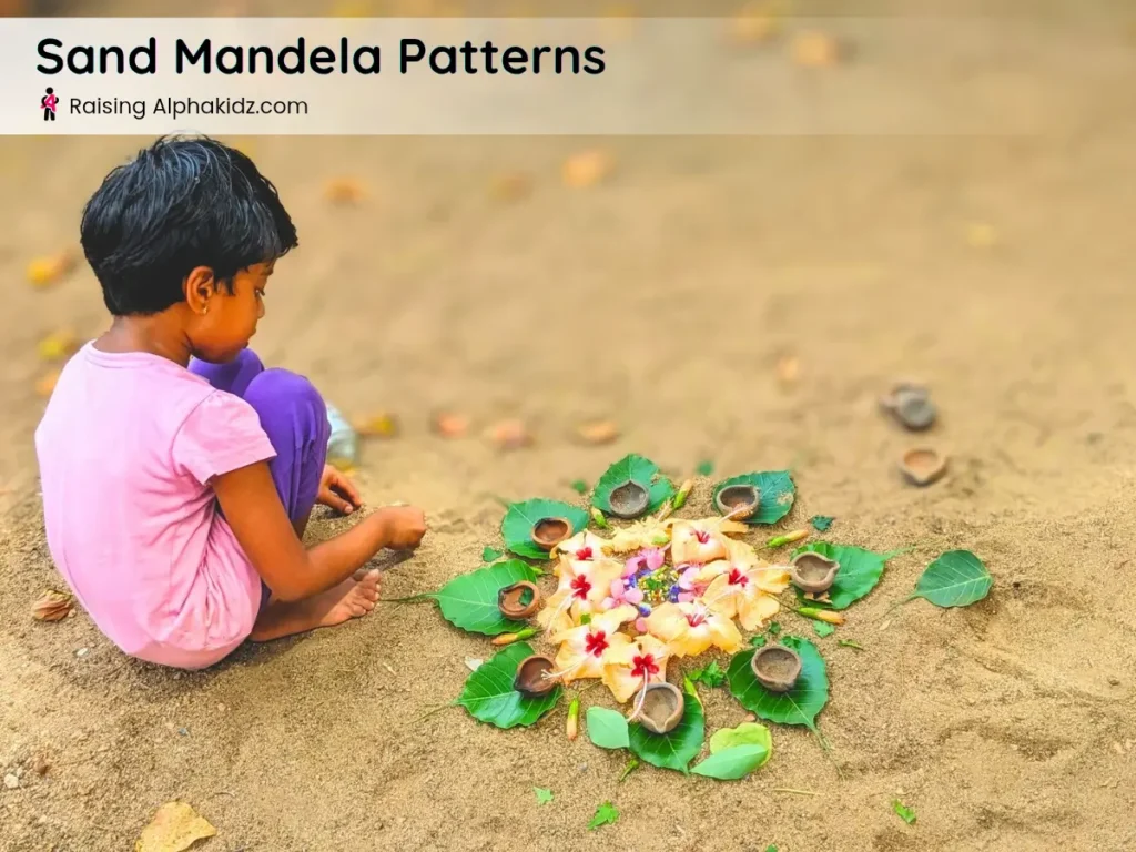 kid making a nature mandala with leaves and flowers on sand