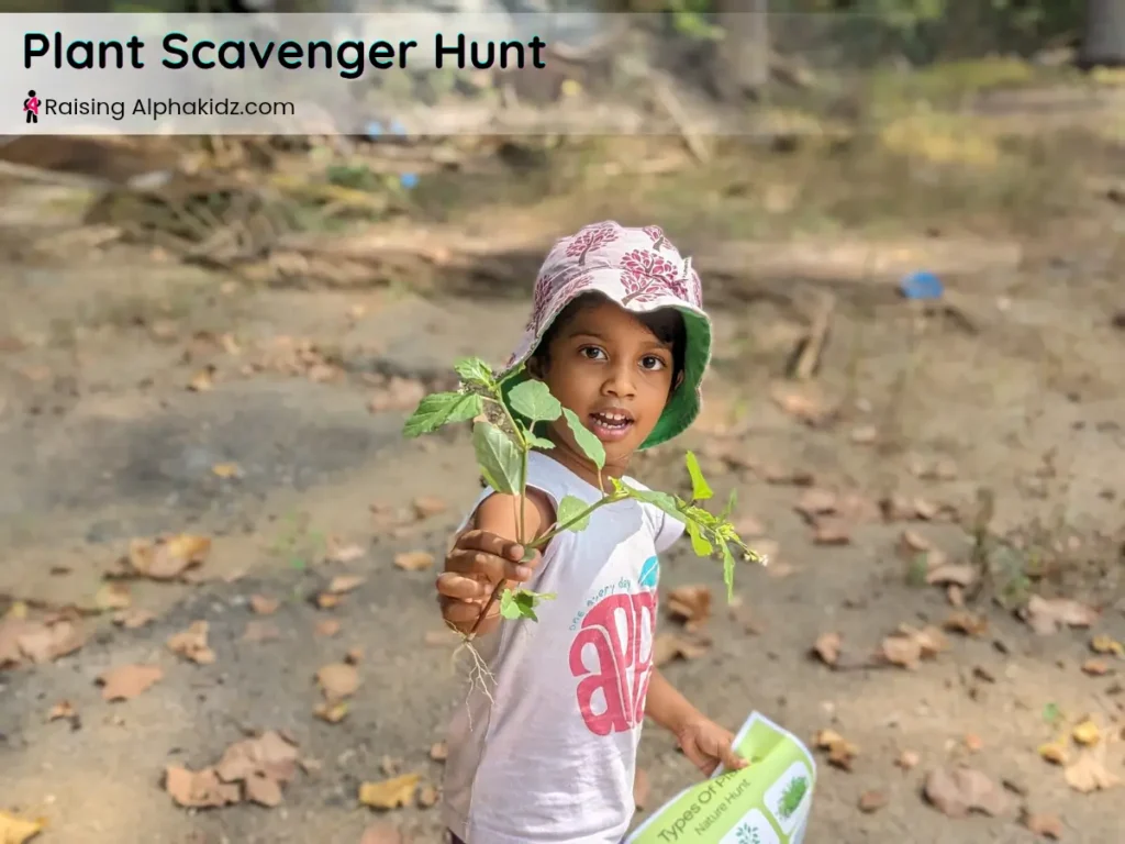 child holding a green plant during outdoor plant scavenger hunt
