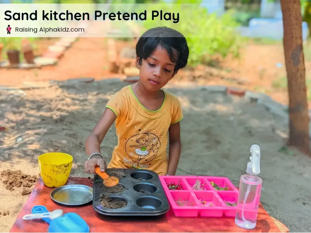 sand cupcakes made in tray during pretend sand play activity