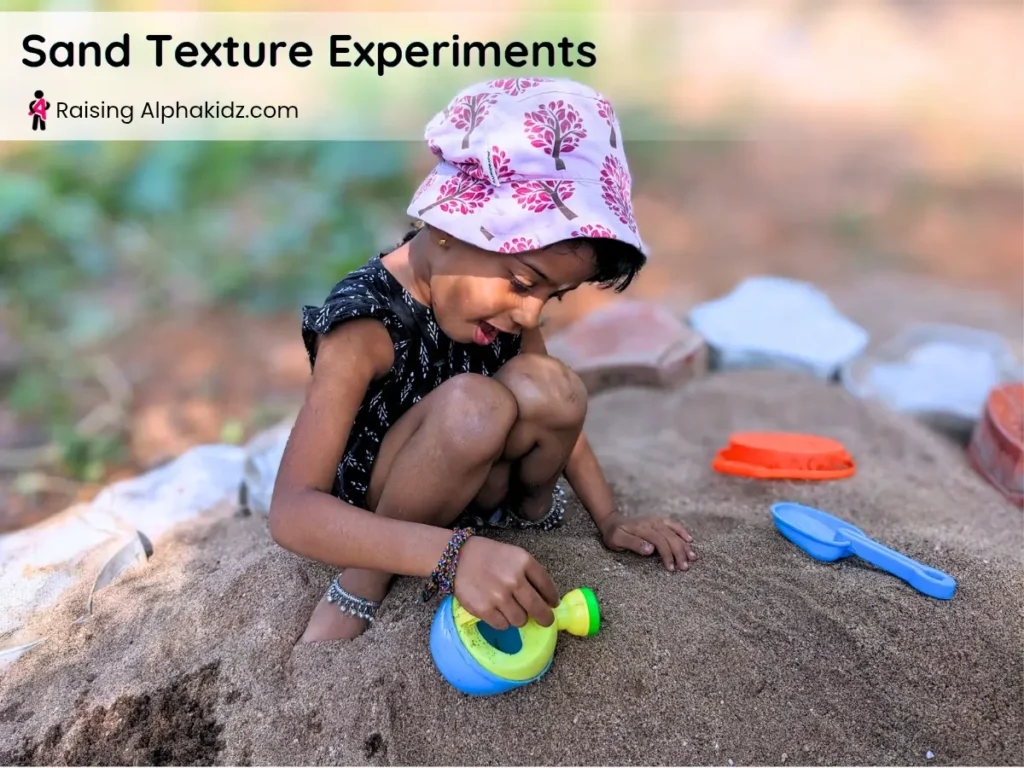 kid pouring water on sand for sensory sand play experiment