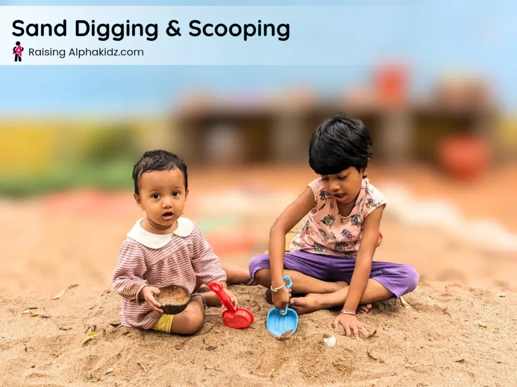 kids digging and scooping sand with shovels during sand play activity