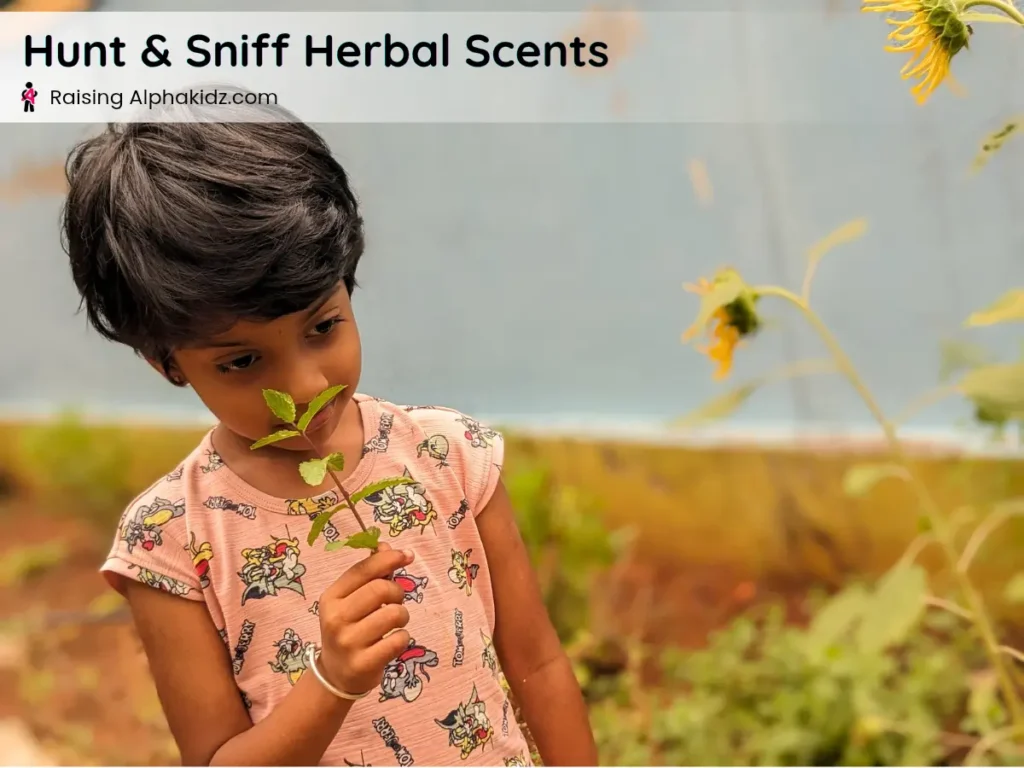 child smelling fresh mint leaves during a sense of smell 5-4-3-2-1 grounding activity 