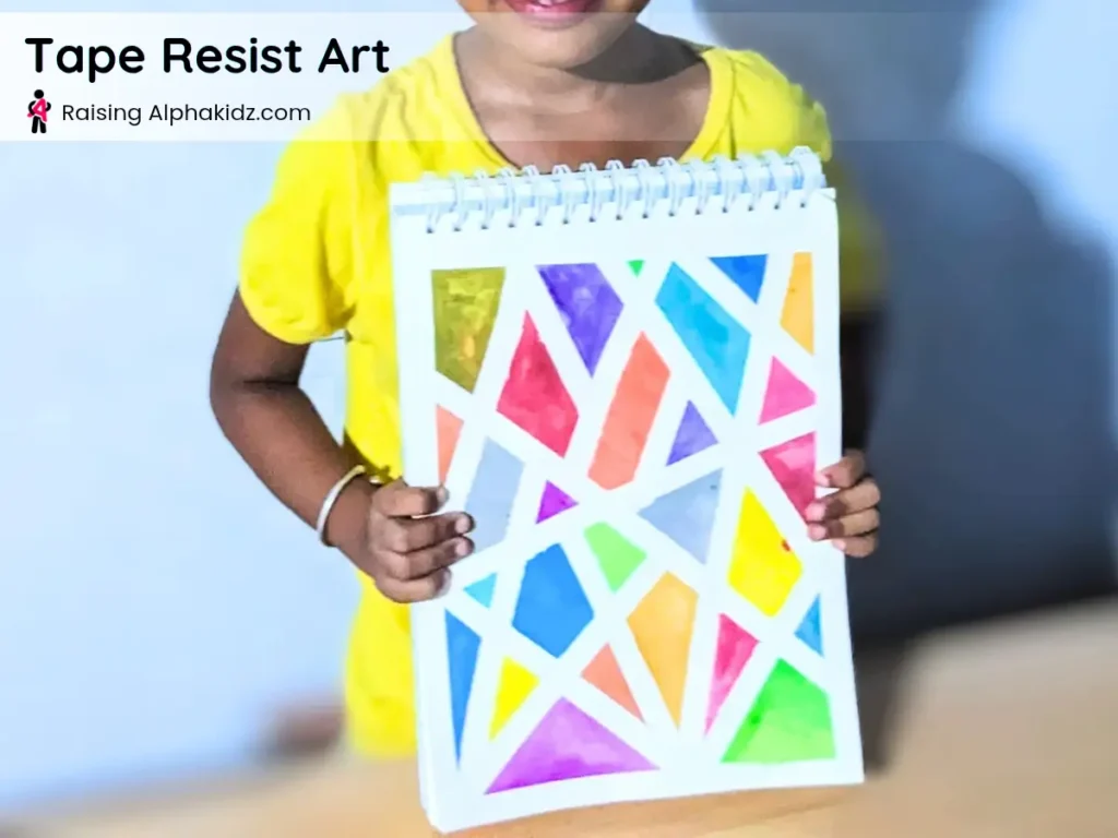 finished colorful geometric tape resist art painting