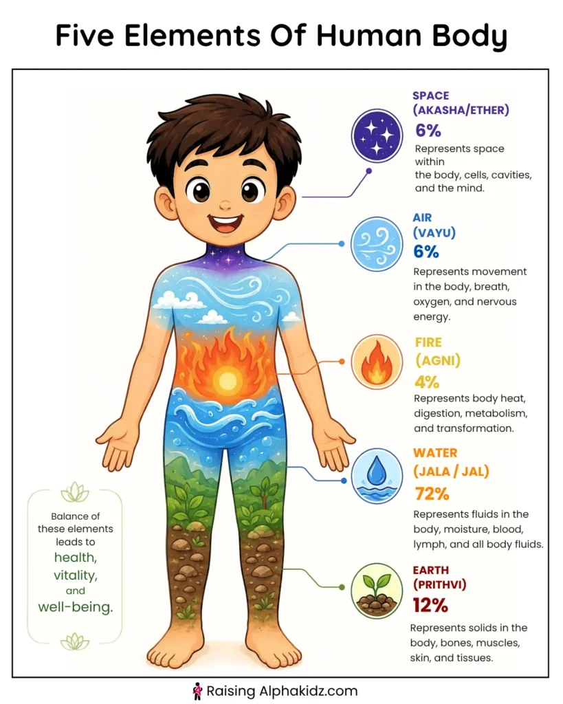 Five elements of the human body showing Earth, Water, Fire, Air, and Space 