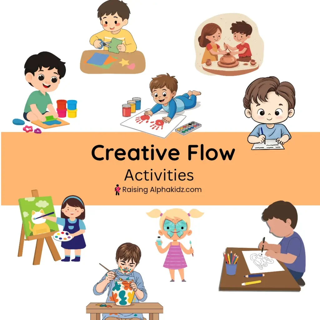 Creative flow activities for kids including art, music, storytelling, building, and imaginative play.