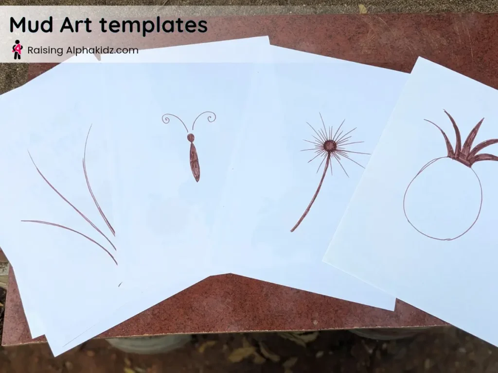 different mud art outlines drawn for mud painting