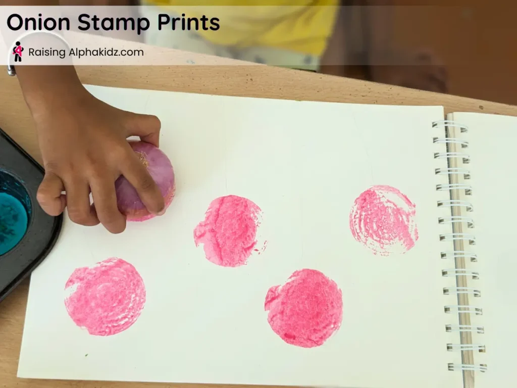 onion stamp art making pink onion prints on paper using onion dabbing technique