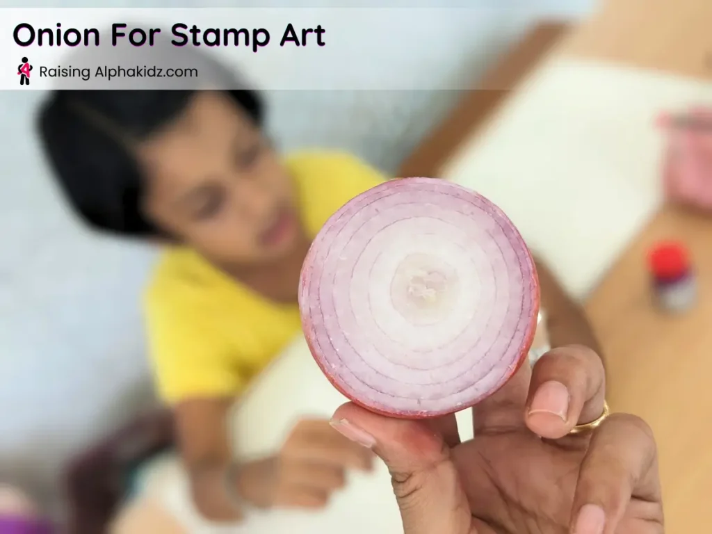 cut onion for onion stamp art showing natural rings for vegetable printing