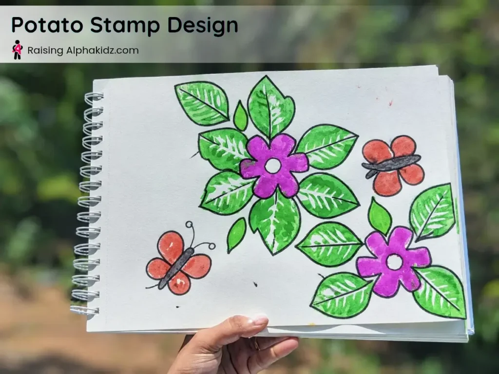 enhanced potato stamp flower art using marker details