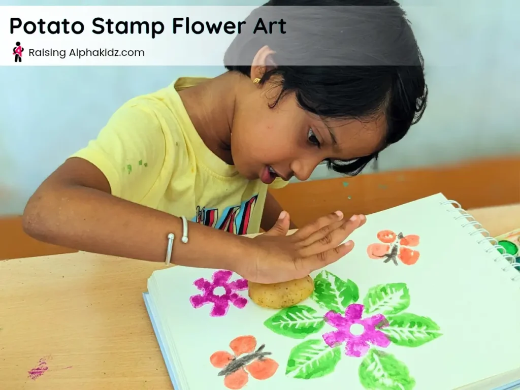 kid pressing leaf potato stamp art for floral design print