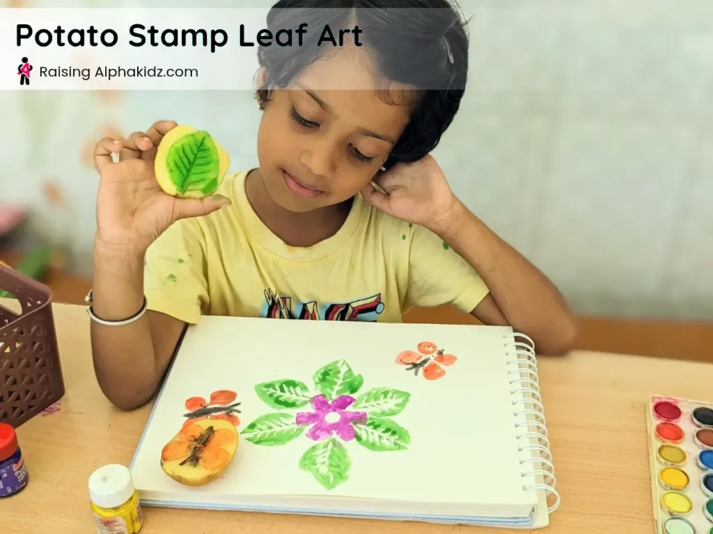 creating leaf prints around a flower using potato stamp