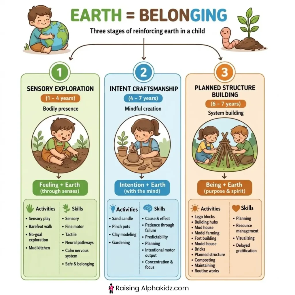 Kids doing earth element grounding activities like mud play and building mud houses