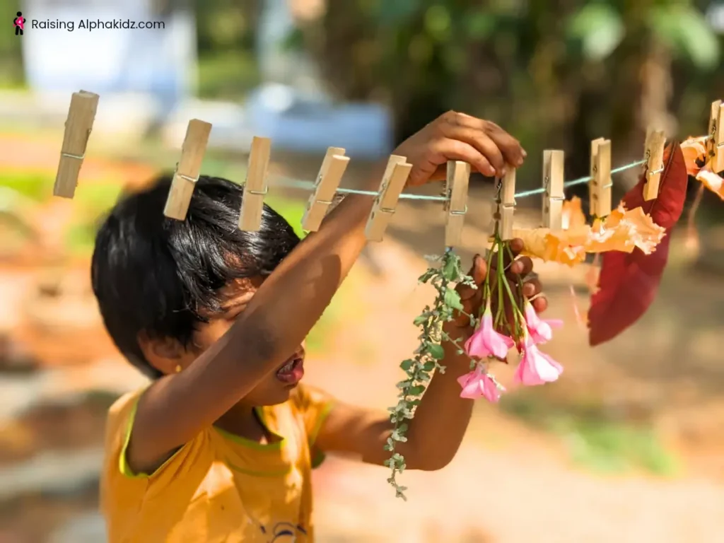 Kid fixing flowers in between leaves for garland making 