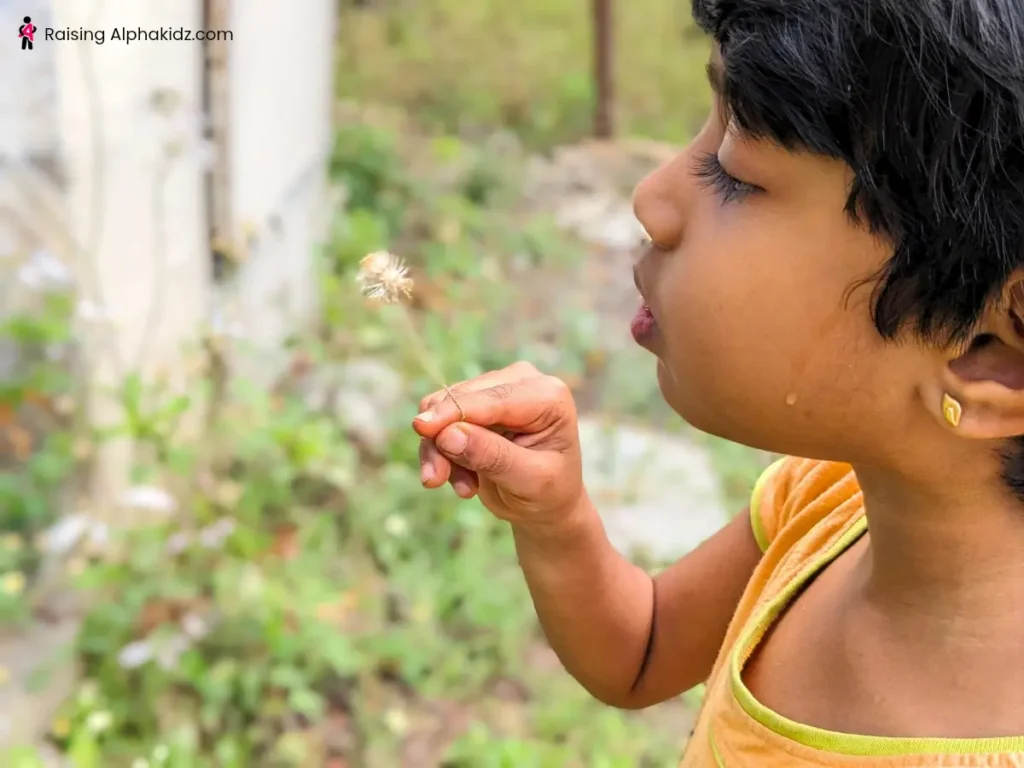 Kid blowing the dandelion during nature hunt  